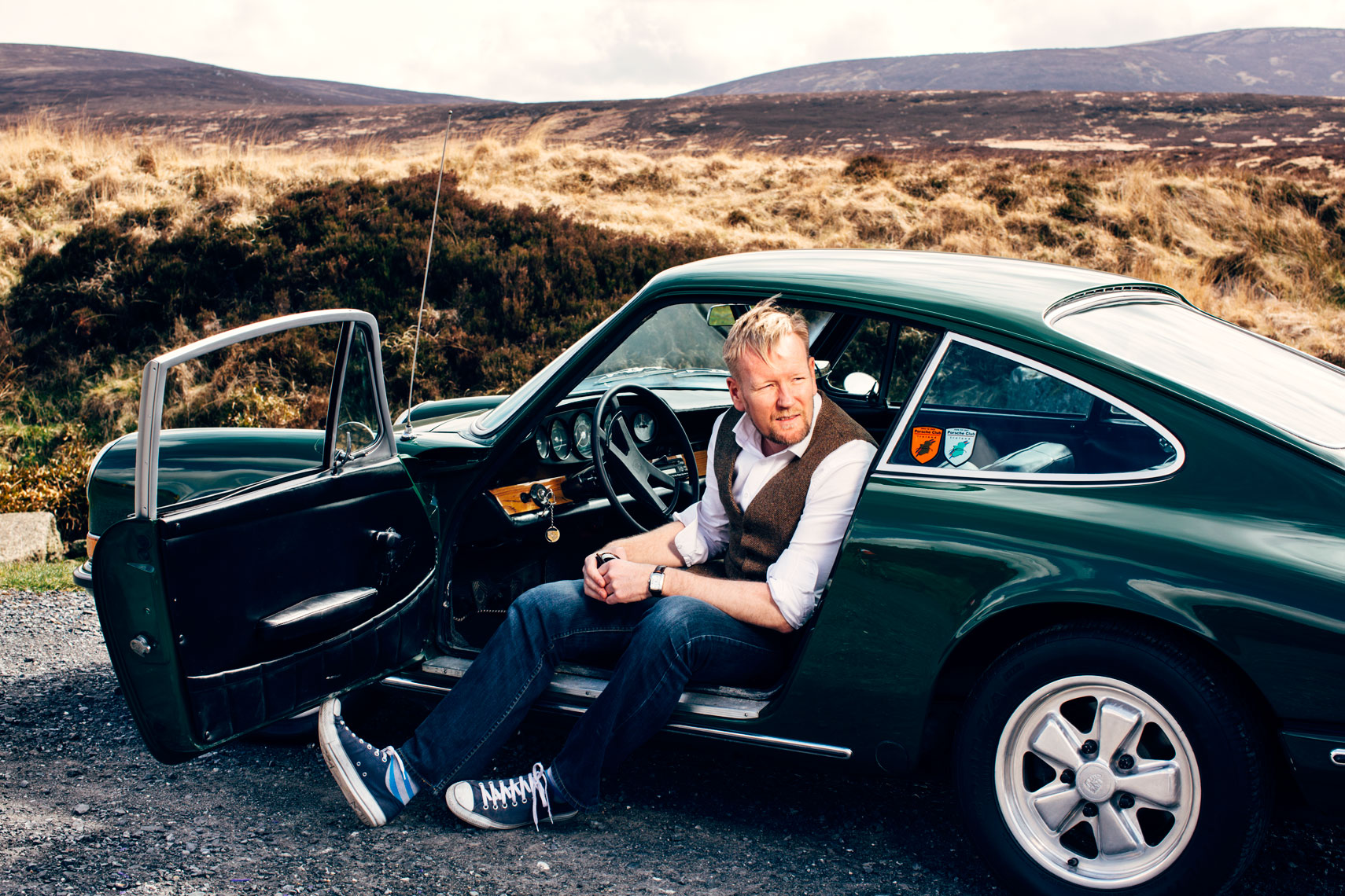 portrait photography: vintage porsche car owner